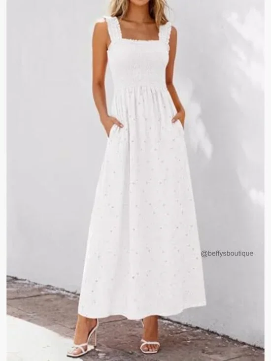 Sleeveless Cotton Maxi Dress with Lace, Smocked Waist, Pockets - Picture 6 of 7